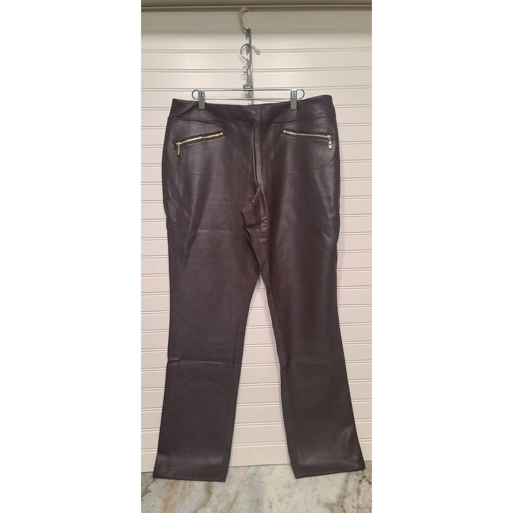 Belle by Kim Gravel Faux Leather Ponte Pants with Hip Zippers Brown Size 16 NWOT